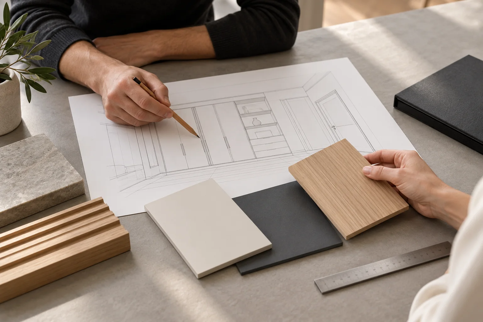 Project consultation with cabinetry drawings and finish samples — AI design illustration