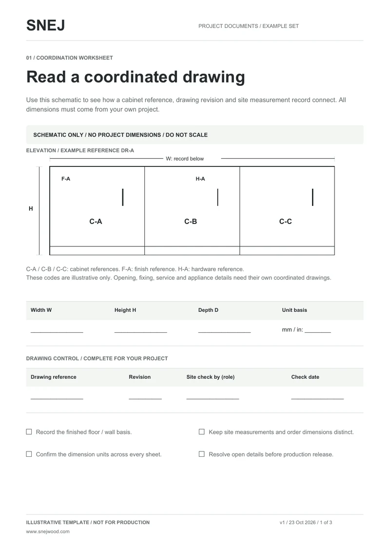 PDF page 1 preview: schematic cabinet elevation and blank dimension and revision fields, marked not for production
