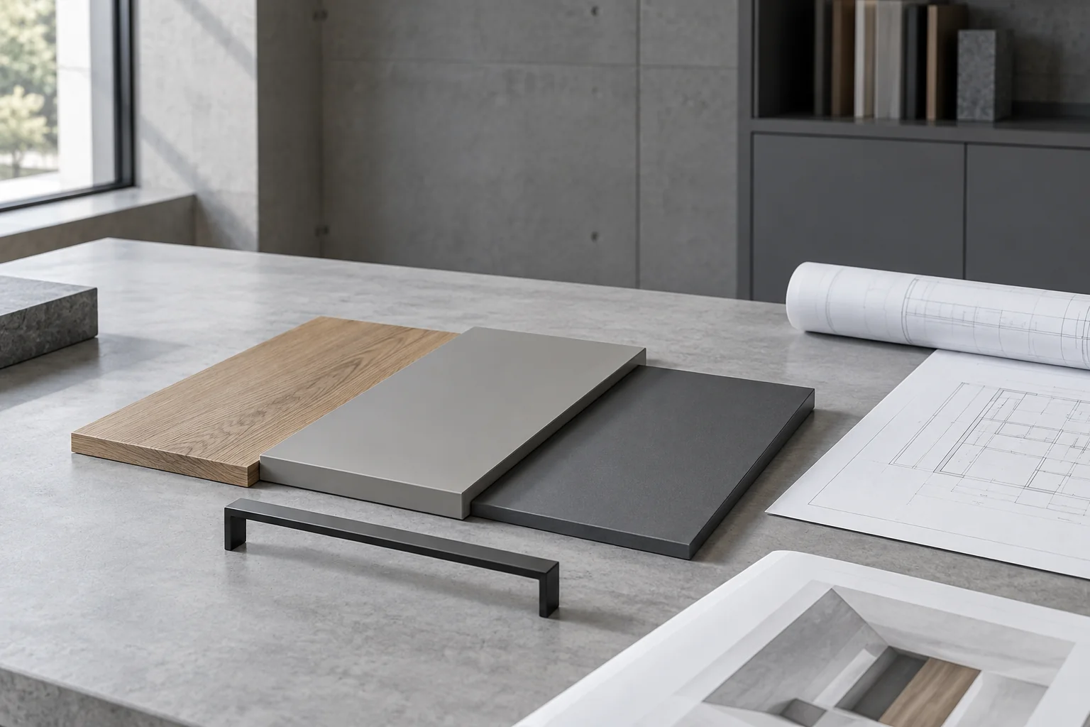 Material selection workspace with finish samples, a cabinet pull and drawings — design illustration