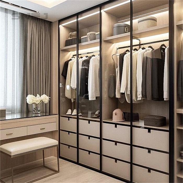 Modern Wooden Closet With Open Glass Doors